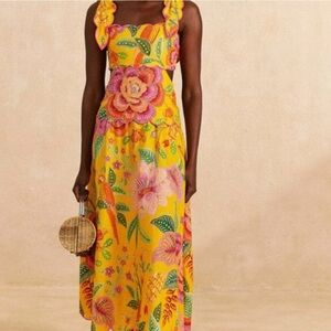 $275 FARM RIO Macaw Bloom Scalloped Tropical Cutout Tie Dress